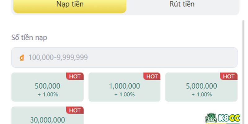 Hướng dẫn nạp tiền K8cc qua nhiều phương thức